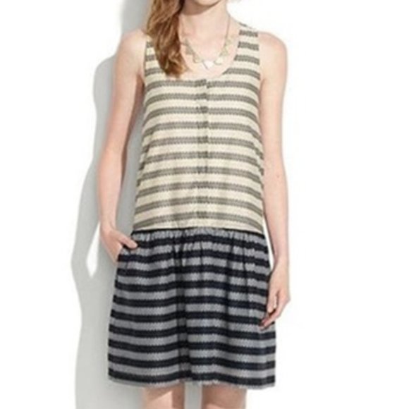 Madewell Dresses & Skirts - Madewell Dropwaist Trellis Stripe Swing Cotton Dress Black Tan Size Small NWT